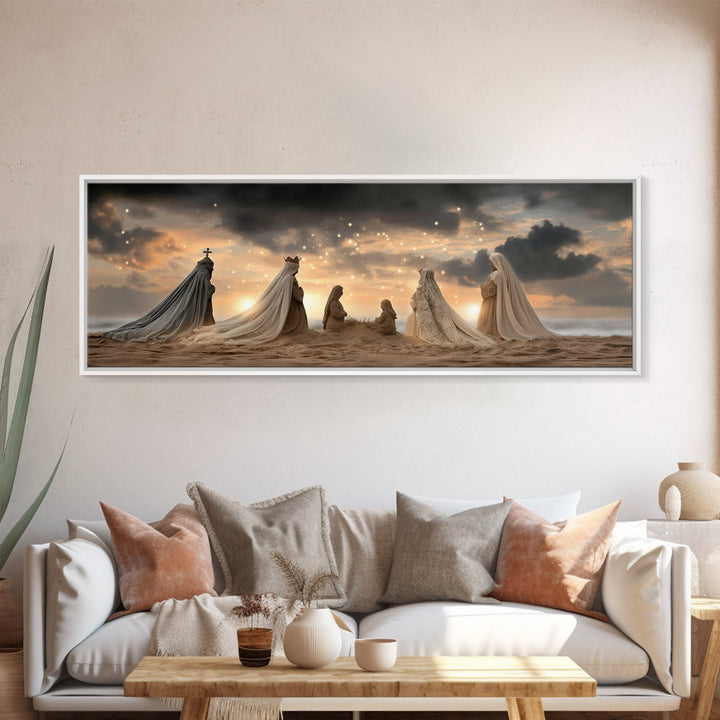 Sandy Nativity Horizon – Framed Canvas Print – Christian Christmas Art – Christian Art Canvas – Jesus Wall Art – Panoramic Art – Christian