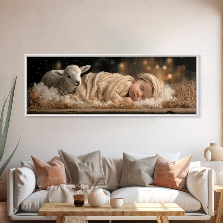 Gentle Manger Peace | Framed Canvas Print | Christian Art Canvas | Christmas Wall Art | Panoramic Art | Christian Christmas Art | Christian