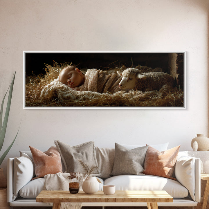 Quiet Manger Glow, Framed Canvas Print, Christian Wall Art, Panoramic Frame, Christian Art Canvas, Christian Christmas Art, Jesus Christmas