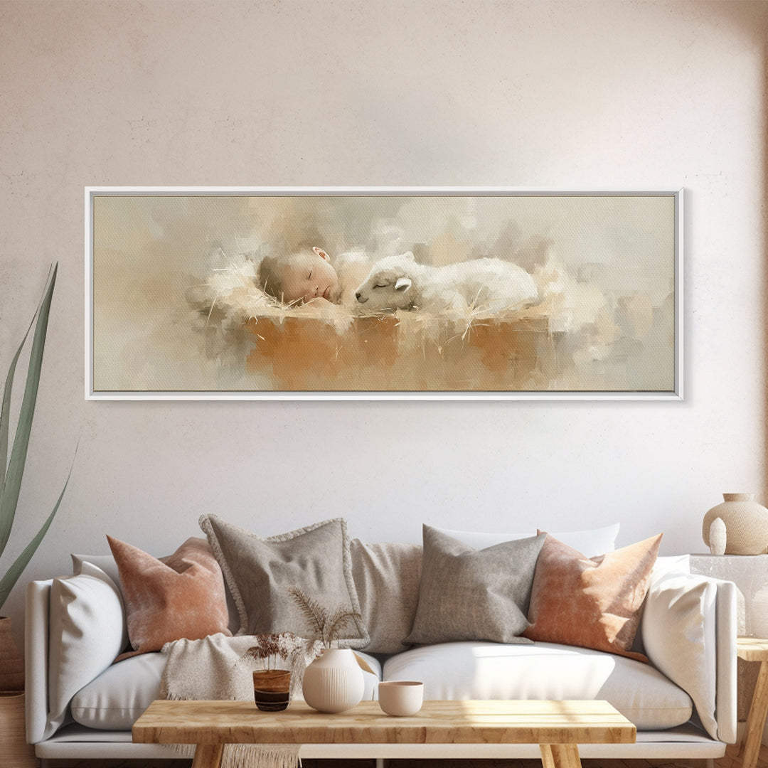 Innocent Manger Dream | Framed Canvas Print | Christian Art Canvas | Panoramic Art | Christmas Art Prints | Christian Wall Art | Christian
