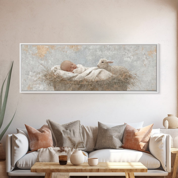 Tiny Manger Grace – Framed Canvas Print – Christmas Wall Art – Christian Art Canvas – Panoramic Painting – Jesus Christmas Art – Christian