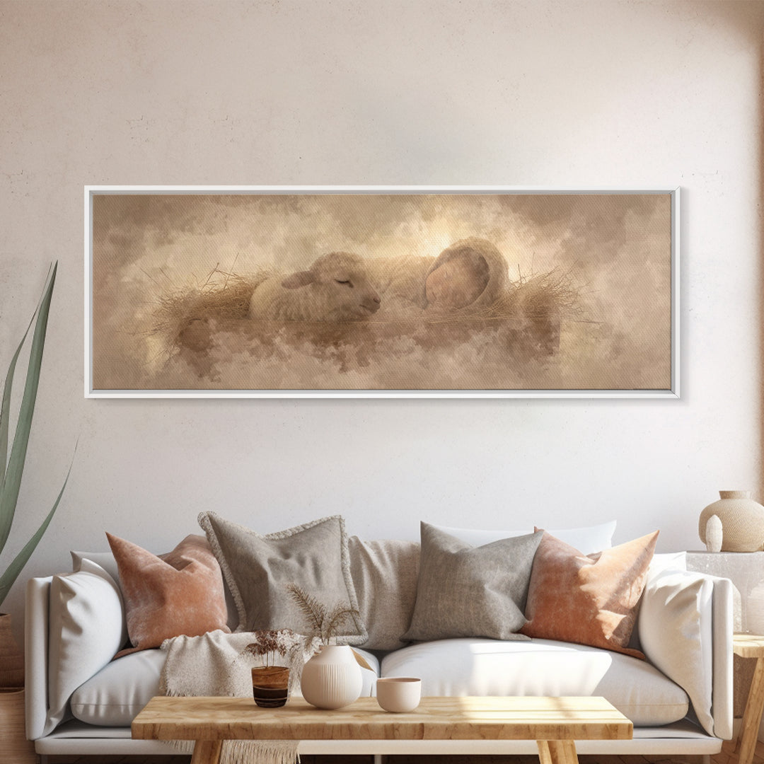 Sacred Cradle Light, Framed Canvas Print, Christian Christmas Art, Panoramic Wall Art, Christian Art Canvas, Jesus Art Print, Christian Wal