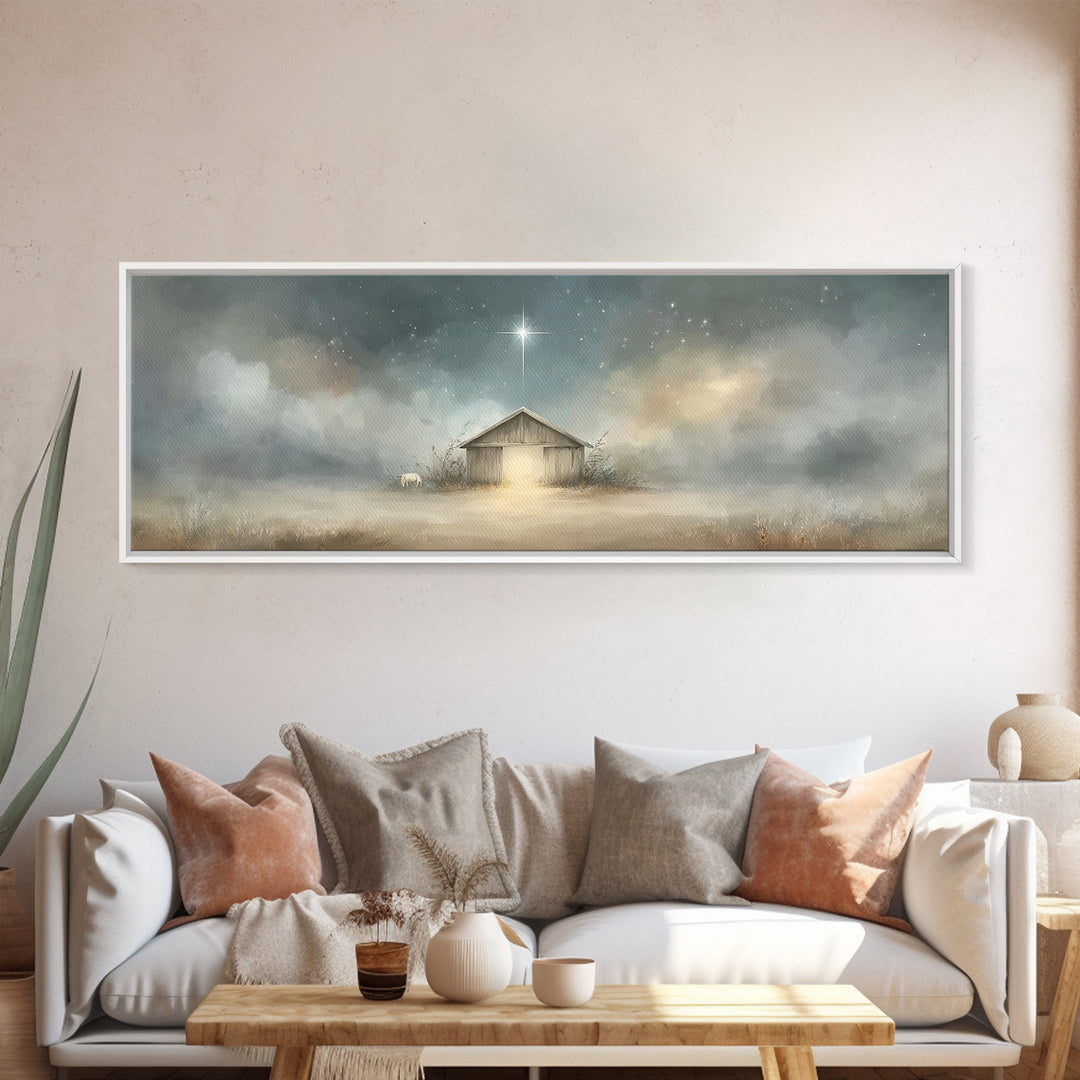 Starry Night Manger | Framed Canvas Print | Christian Wall Art | Panoramic Painting | Christmas Wall Art | Jesus Painting