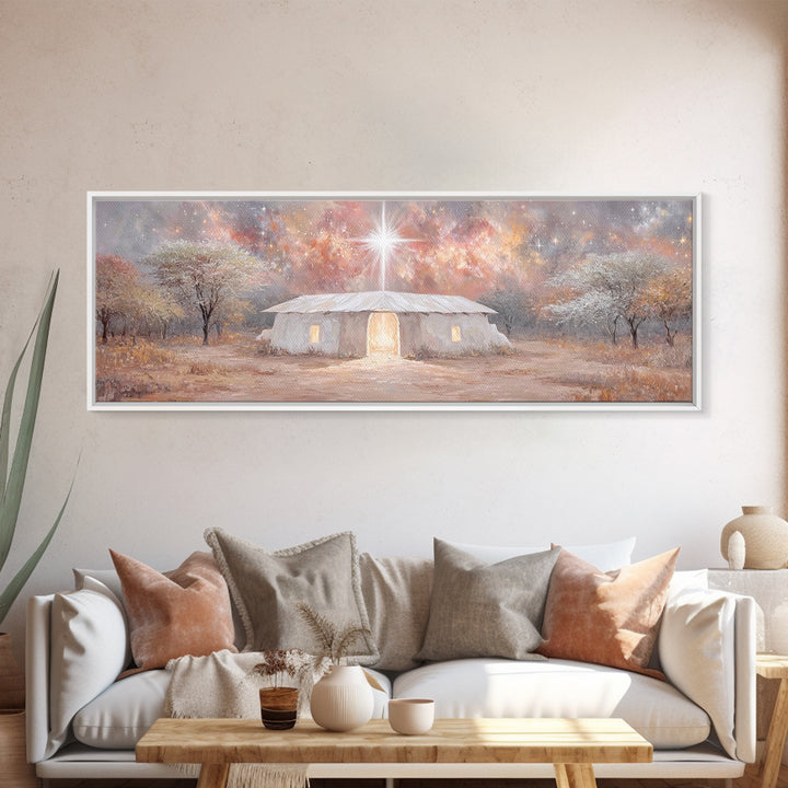 Bethlehem Dawn Glow, Framed Canvas Print, Christian Art, Panoramic Print, Christmas Art, Christian Wall Art, Jesus Painting
