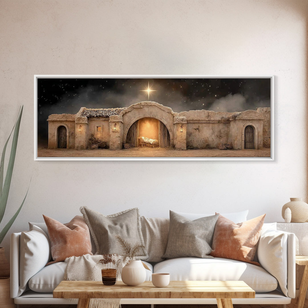 Radiant Stable Peace – Framed Canvas Print – Christian Wall Art – Panoramic Frame – Christmas Art – Christian Art Canvas – Jesus Painting