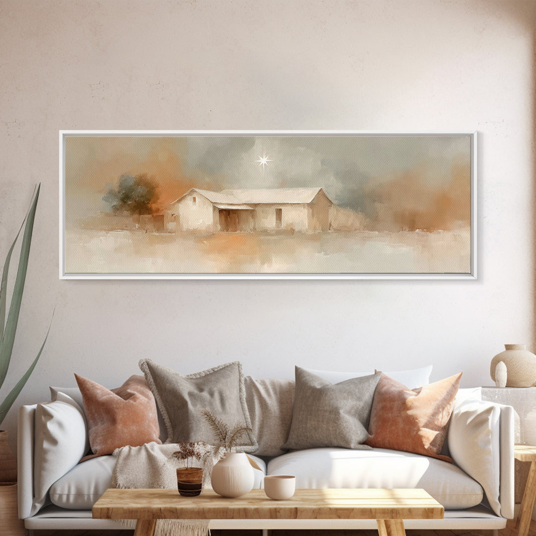 Holy Night Path, Framed Canvas Print, Christian Wall Art, Panoramic Painting, Christian Art Canvas, Christmas Art, Jesus Painting