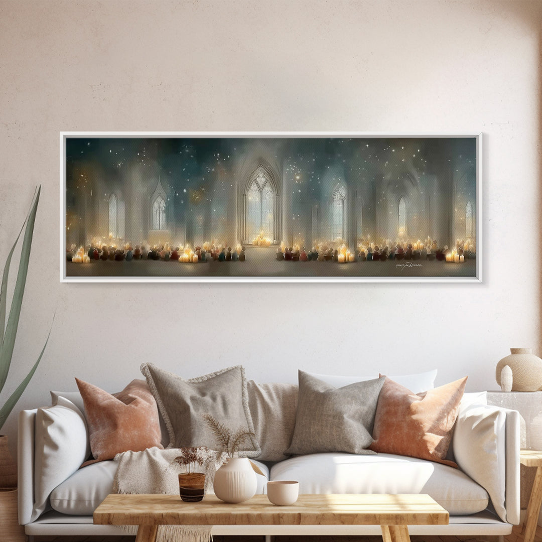 Candlelit Devotion | Framed Canvas Print | Christian Art | Christian Christmas Art | Panoramic Print | Christian Art Canvas | Christmas Wal