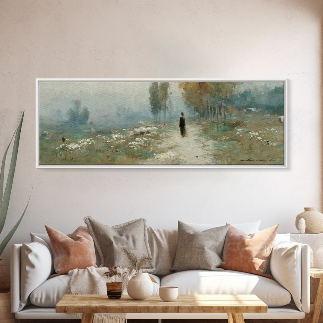 Misty Valley Walk, Framed Canvas Print, Christian Art Canvas, Panoramic Wall Art, Christian Art, Jesus Painting, Christmas Art