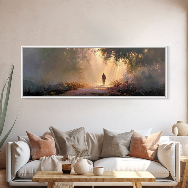 Radiant Woodland Path | Framed Canvas Print | Panoramic Art | Jesus Painting | Christian Art Canvas | Moody Christian Art | Christian Wall