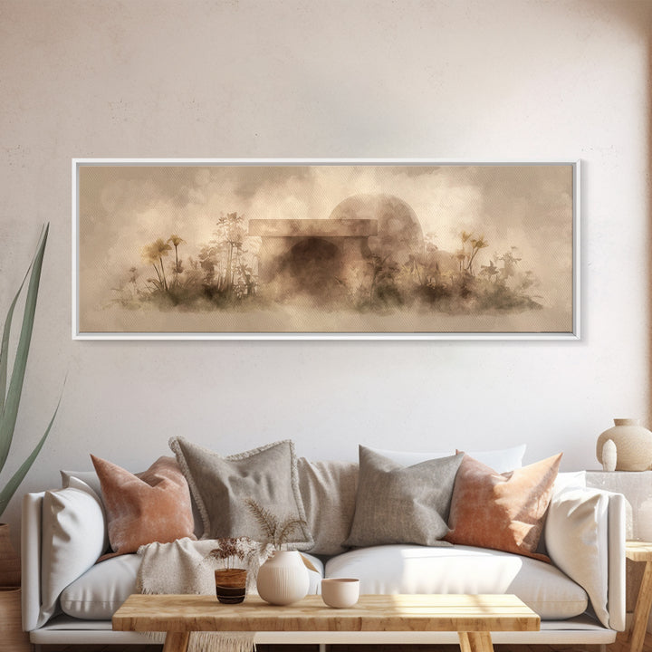 Dawn At The Empty Tomb, Framed Canvas Print, Panoramic Wall Art, Christian Art Canvas, Christian Wall Art, Easter Christian Art, Christian