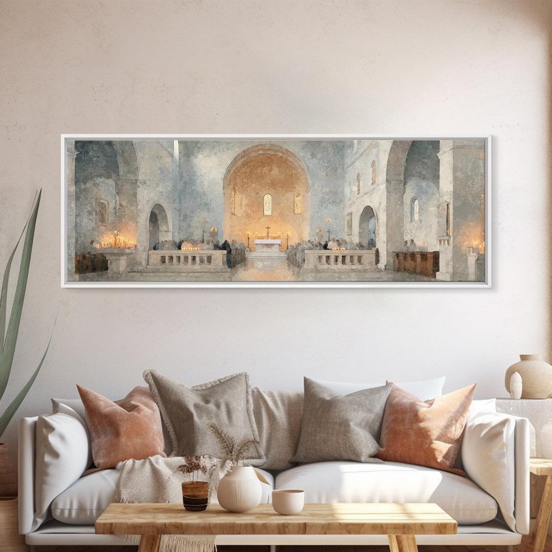 Starry Chapel Gathering, Framed Canvas Print, Panoramic Art, Christian Wall Art, Christian Art Canvas, Christmas Art Prints, Christian Chri