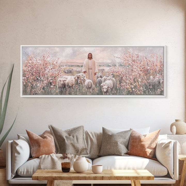 Shepherd Of Blossoms | Framed Canvas Print | Panoramic Art | Jesus Painting | Christian Art Canvas | Christian Christmas Art | Christian Wa
