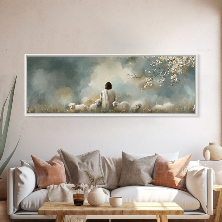 Peaceful Pasture Light – Framed Canvas Print – Panoramic Painting – Christian Art Canvas – Christian Wall Art – Jesus Painting – Christian
