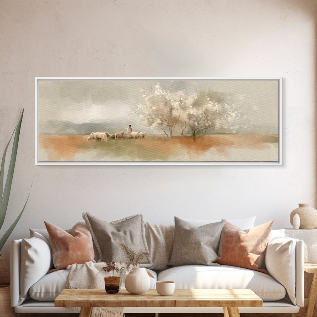 Meadow Of Promise, Framed Canvas Print, Panoramic Art, Christian Wall Art, Jesus Painting, Christian Art Canvas, Christian Christmas Art