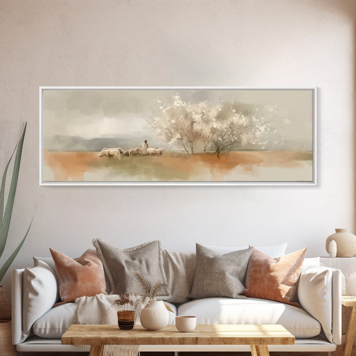 Meadow Of Promise, Framed Canvas Print, Panoramic Art, Christian Wall Art, Jesus Painting, Christian Art Canvas, Christian Christmas Art