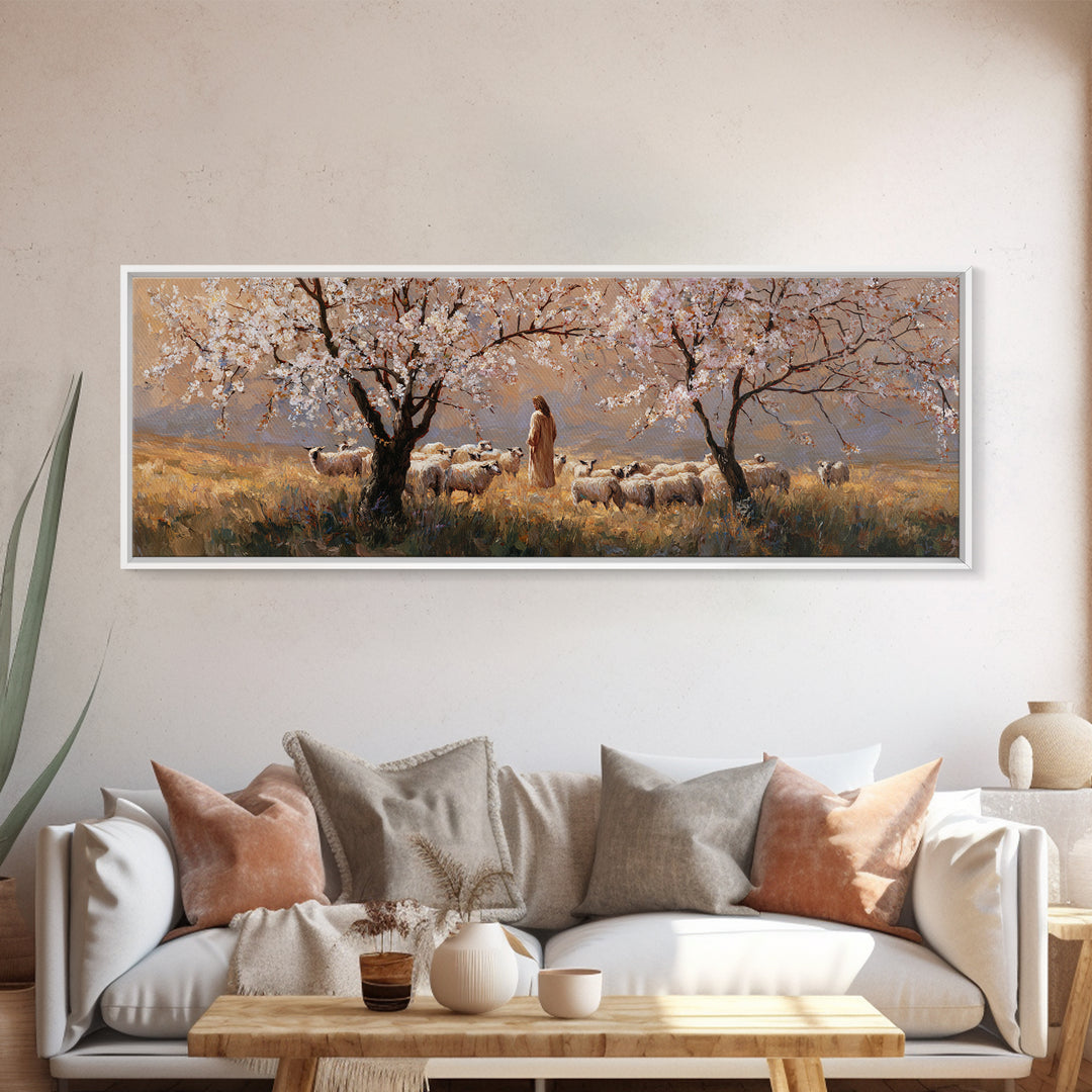 Shepherds In Bloom, Framed Canvas Print, Panoramic Wall Art, Christian Art Canvas, Jesus Painting, Christian Christmas Art, Christian Wall