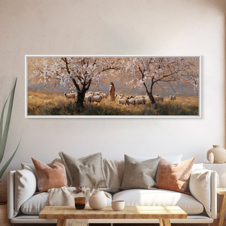 Shepherds In Bloom, Framed Canvas Print, Panoramic Wall Art, Christian Art Canvas, Jesus Painting, Christian Christmas Art, Christian Wall