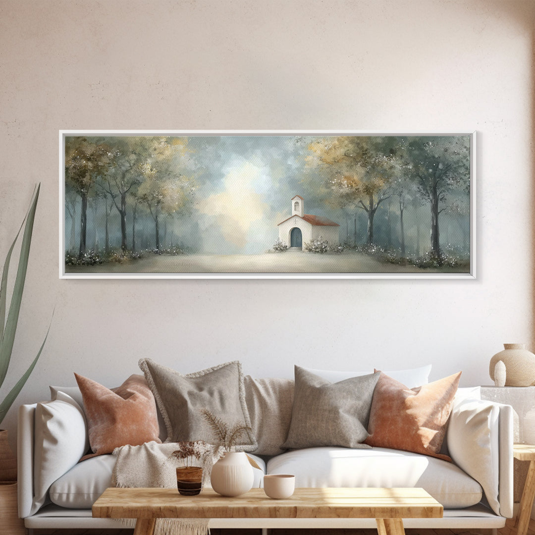 Forest Chapel Peace, Framed Canvas Print, Panoramic Art, Christian Art Canvas, Christian Wall Art, Christian Christmas Art, Christian Paint