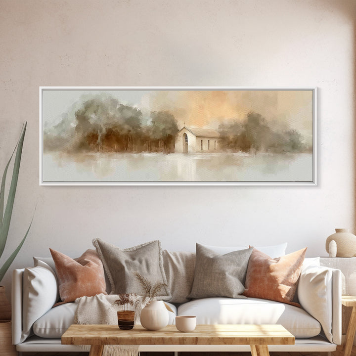 Soft Morning Chapel | Framed Canvas Print | Panoramic Wall Art | Christian Art Canvas | Christian Painting | Christian Christmas Art | Chri