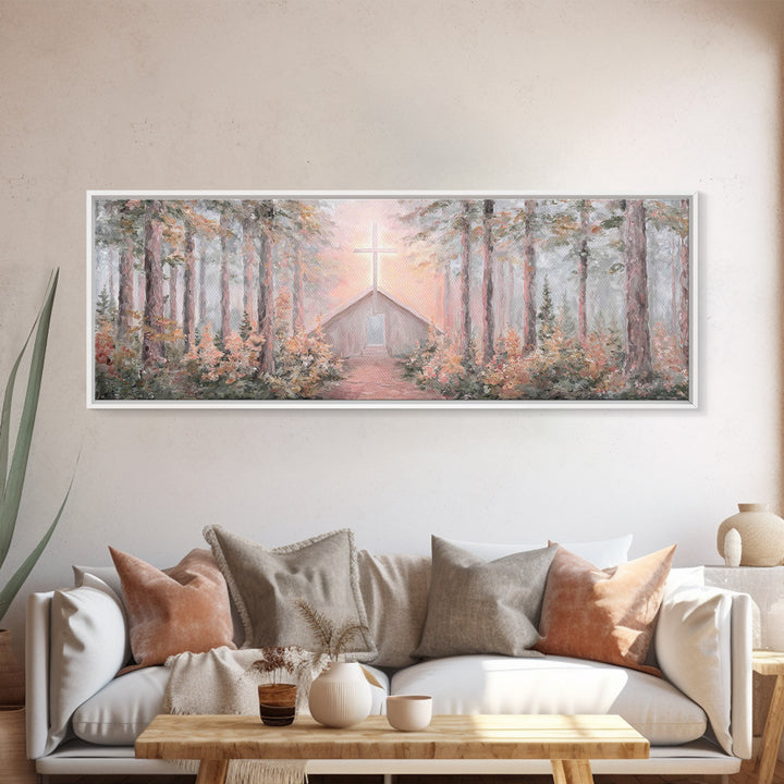 Woodland Cross Glow – Framed Canvas Print – Panoramic Painting – Christian Art Canvas – Christian Wall Art – Christian Christmas Art – Chri