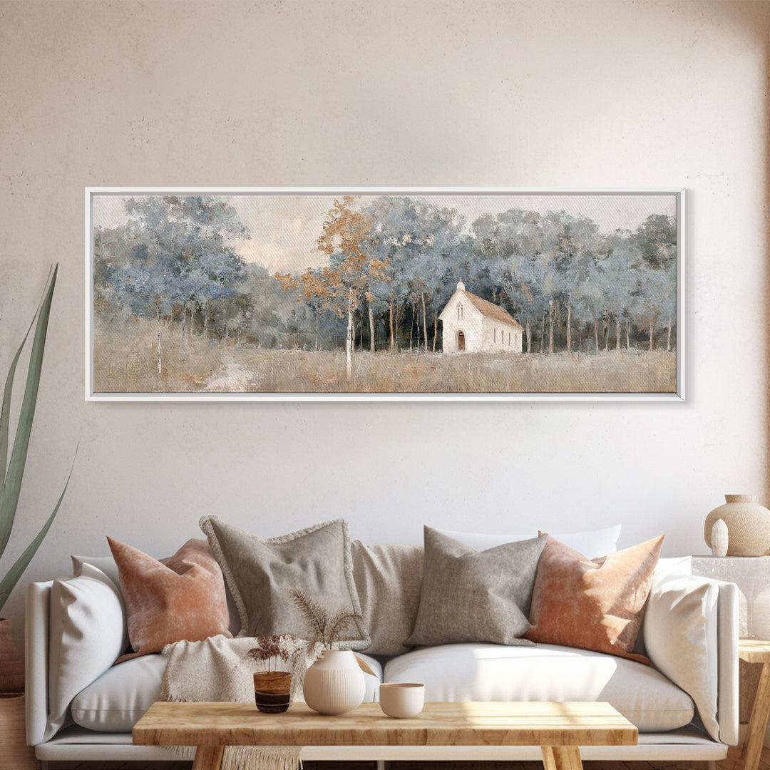 Haven Among Trees, Framed Canvas Print, Panoramic Art, Christian Wall Art, Christian Art Canvas, Christian Christmas Art, Christian Paintin