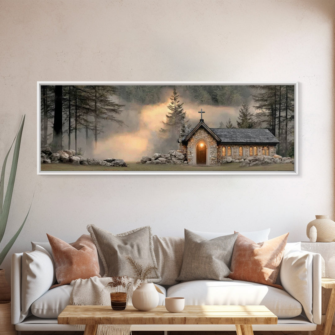 Chapel In The Pines | Framed Canvas Print | Panoramic Frame | Christian Wall Art | Christian Christmas Art | Christian Art Canvas | Christi
