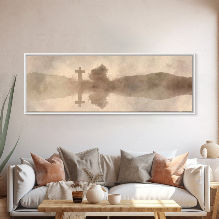 Misty Cross Reflections – Framed Canvas Print – Christian Wall Art – Panoramic Art – Christian Art Canvas – Jesus Painting – Christian Gift