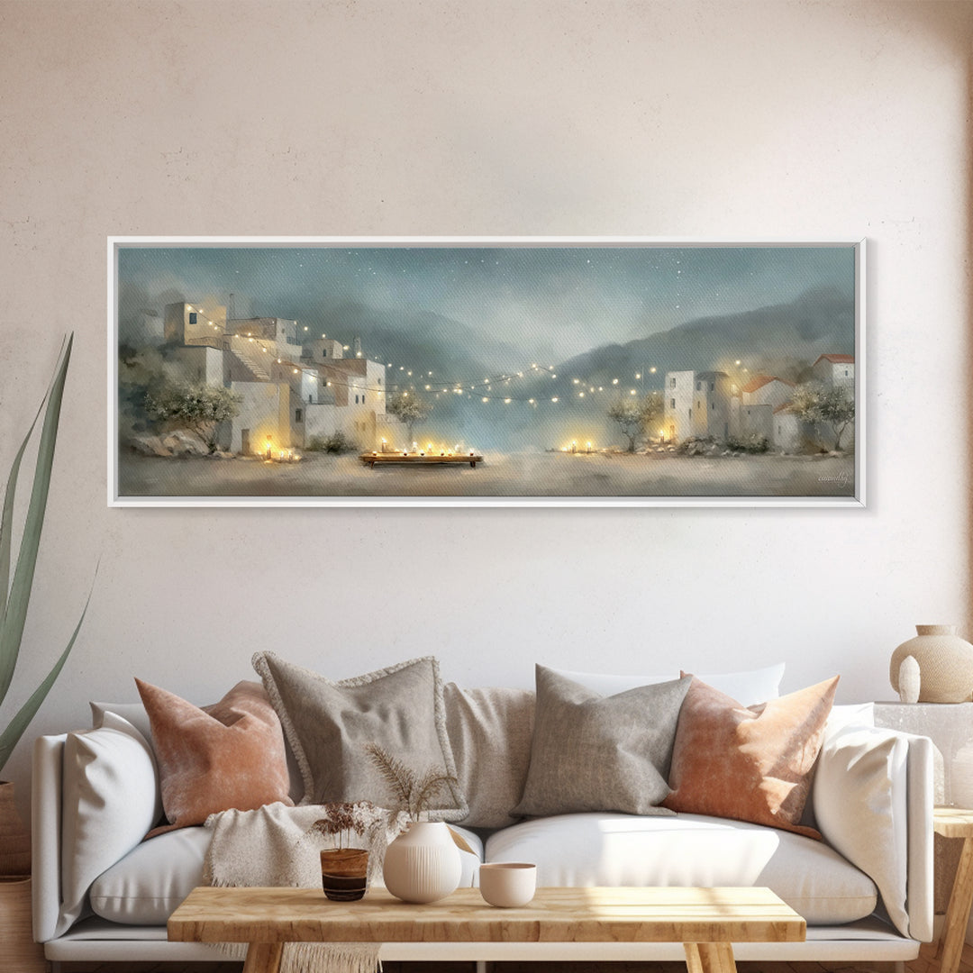 Starlit Village Peace, Framed Canvas Print, Christian Wall Art, Panoramic Art, Christian Christmas Art, Christian Art Print, Christian Deco