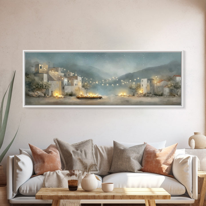 Starlit Village Peace, Framed Canvas Print, Christian Wall Art, Panoramic Art, Christian Christmas Art, Christian Art Print, Christian Deco