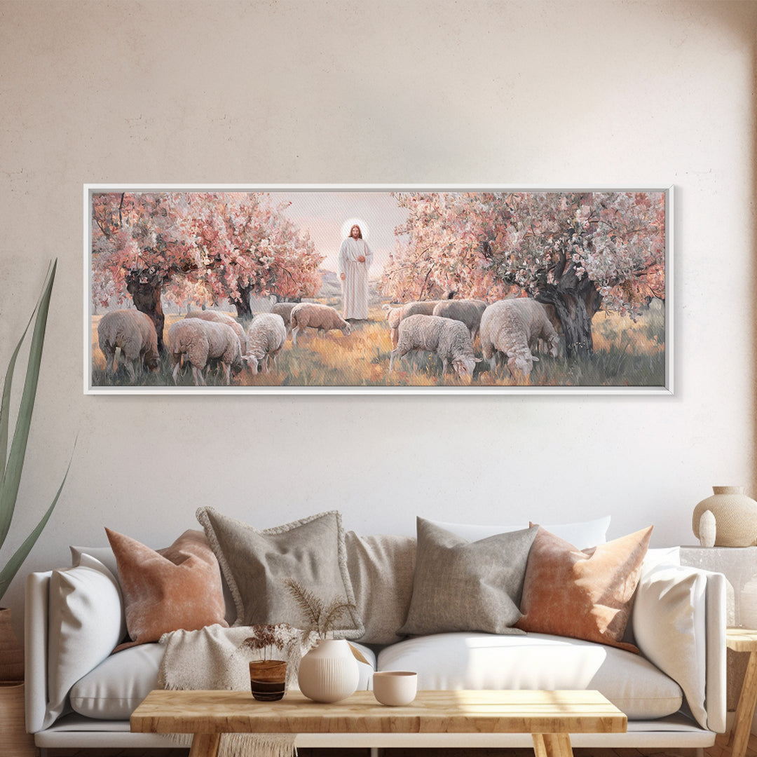 Peaceful Flock Dawn, Framed Canvas Print, Christian Art Print, Panoramic Art, Christmas Art, Christian Wall Art, Jesus Canvas Art