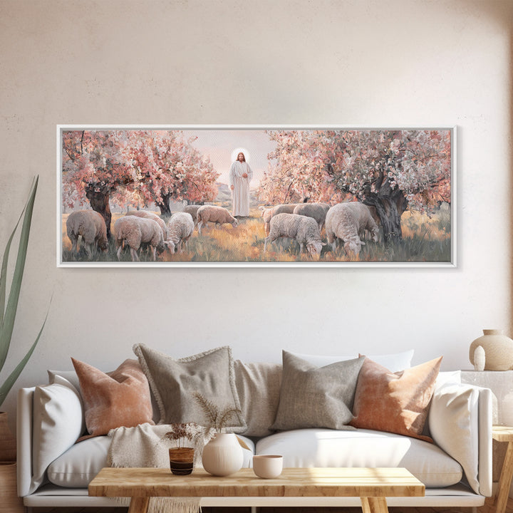 Peaceful Flock Dawn, Framed Canvas Print, Christian Art Print, Panoramic Art, Christmas Art, Christian Wall Art, Jesus Canvas Art