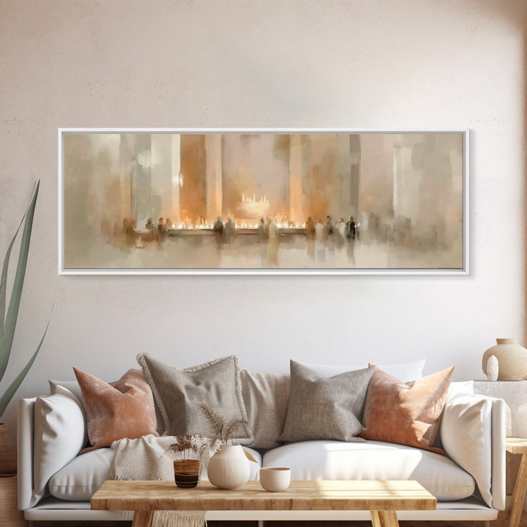 Sacred Candle Gathering | Framed Canvas Print | Christian Wall Art | Christian Christmas Art | Panoramic Wall Art | Christian Art Canvas