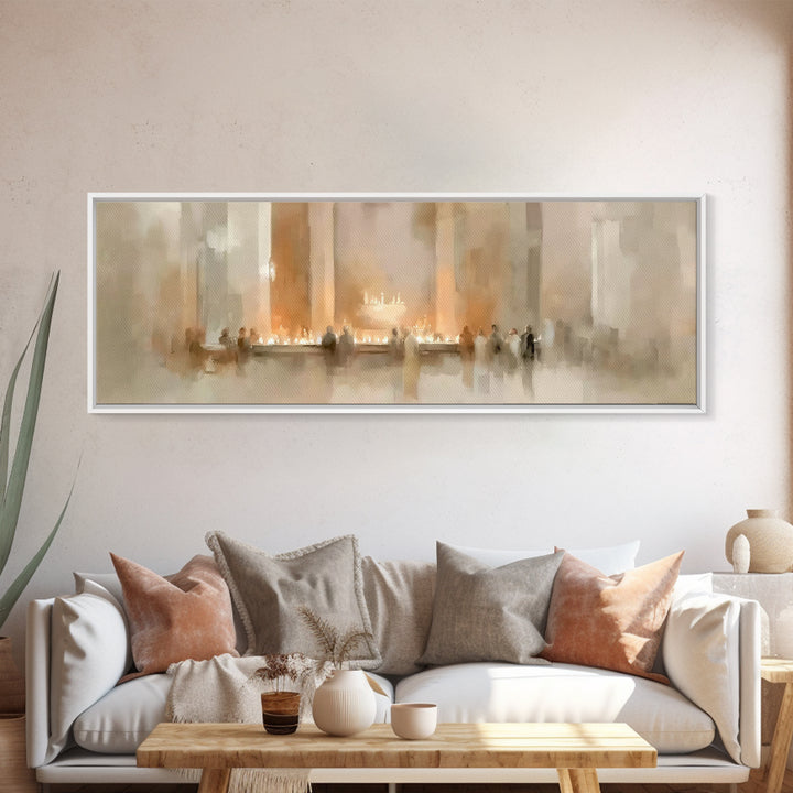 Sacred Candle Gathering | Framed Canvas Print | Christian Wall Art | Christian Christmas Art | Panoramic Wall Art | Christian Art Canvas