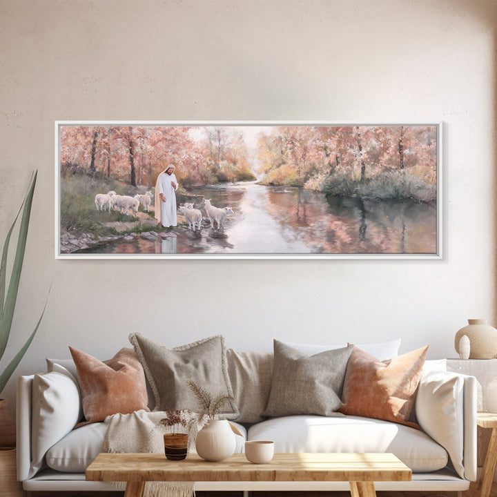 Pastoral Grace Reflections – Framed Canvas Print – Jesus Painting – Panoramic Print – Christian Wall Art – Christian Art Canvas – Christian