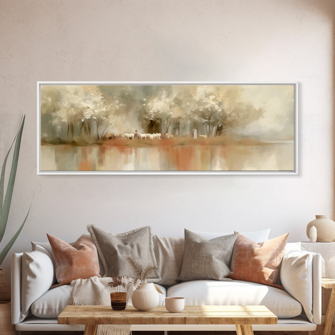 Garden Of The Shepherd, Framed Canvas Print, Jesus Painting, Christian Wall Art, Panoramic Art, Christian Art Canvas, Christian Gift Ideas