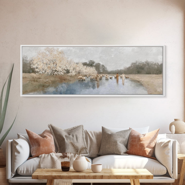 Riverside Shepherd Calm | Framed Canvas Print | Christian Art Canvas | Panoramic Wall Art | Jesus Painting | Christian Gift Ideas | Christi