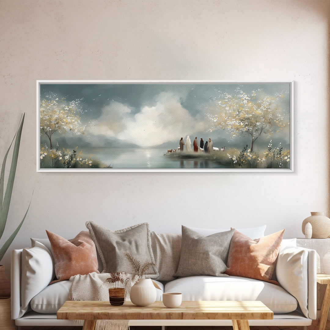 Springtime Shepherd Light – Framed Canvas Print – Christian Art Canvas – Panoramic Frame – Christian Wall Art – Jesus Painting – Christian