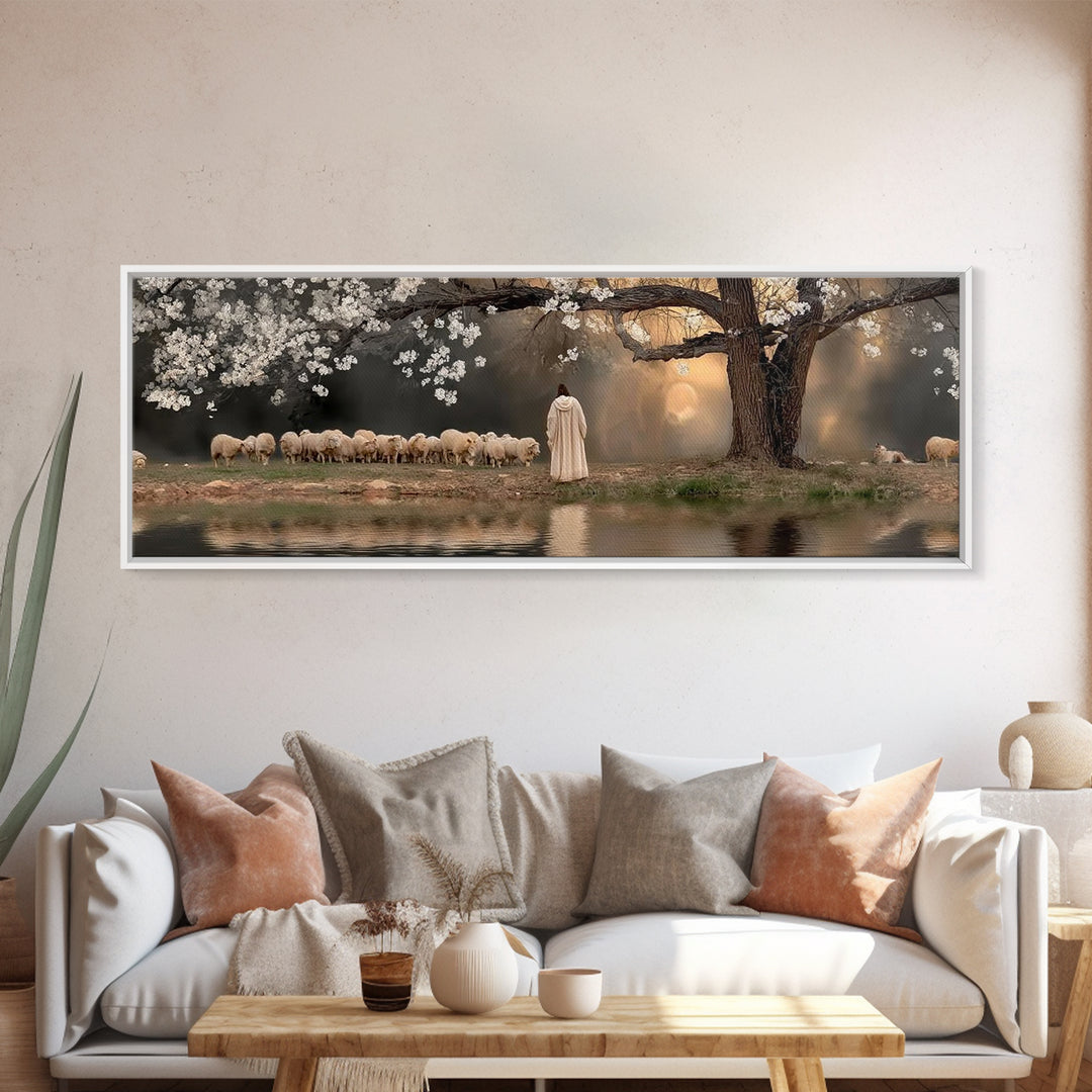 Shepherd’s Quiet Dawn, Framed Canvas Print, Christian Wall Art, Panoramic Print, Jesus Painting, Christian Art Canvas, Christian Gift Ideas