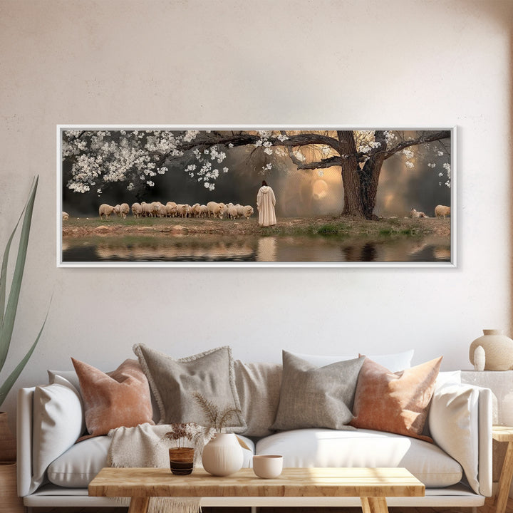 Shepherd’s Quiet Dawn, Framed Canvas Print, Christian Wall Art, Panoramic Print, Jesus Painting, Christian Art Canvas, Christian Gift Ideas