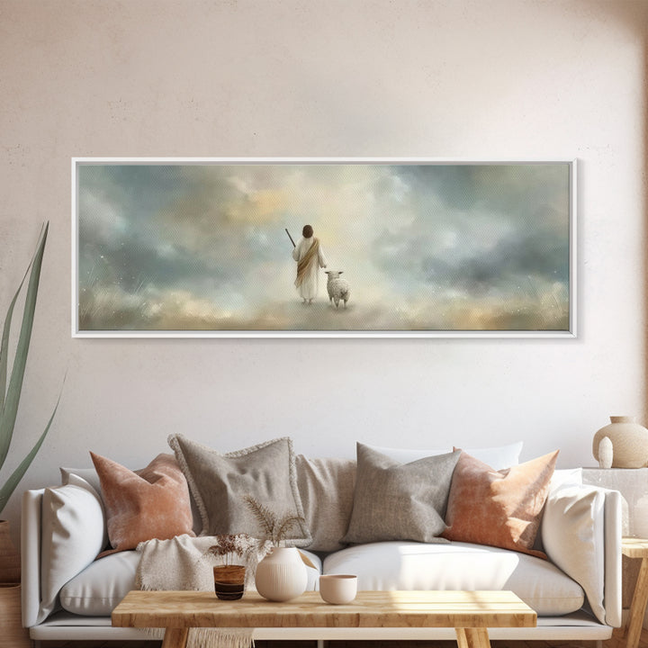 Riverside Flock Peace | Framed Canvas Print | Christian Wall Art | Christian Art Canvas | Extra Wide Art | Jesus Painting | Christian Gift