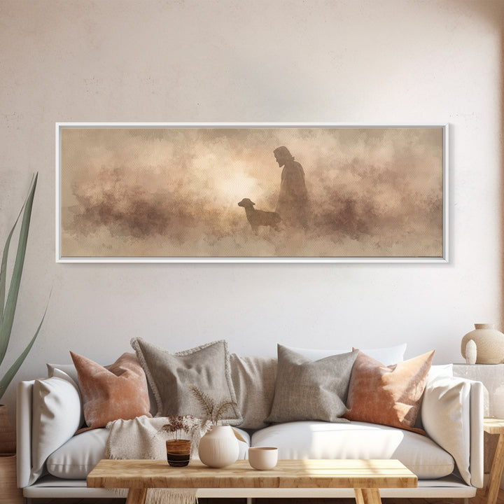 Lamb Of Morning Light, Framed Canvas Print, Christian Art Canvas, Panoramic Art, Jesus Painting, Christian Wall Art, Christian Gift