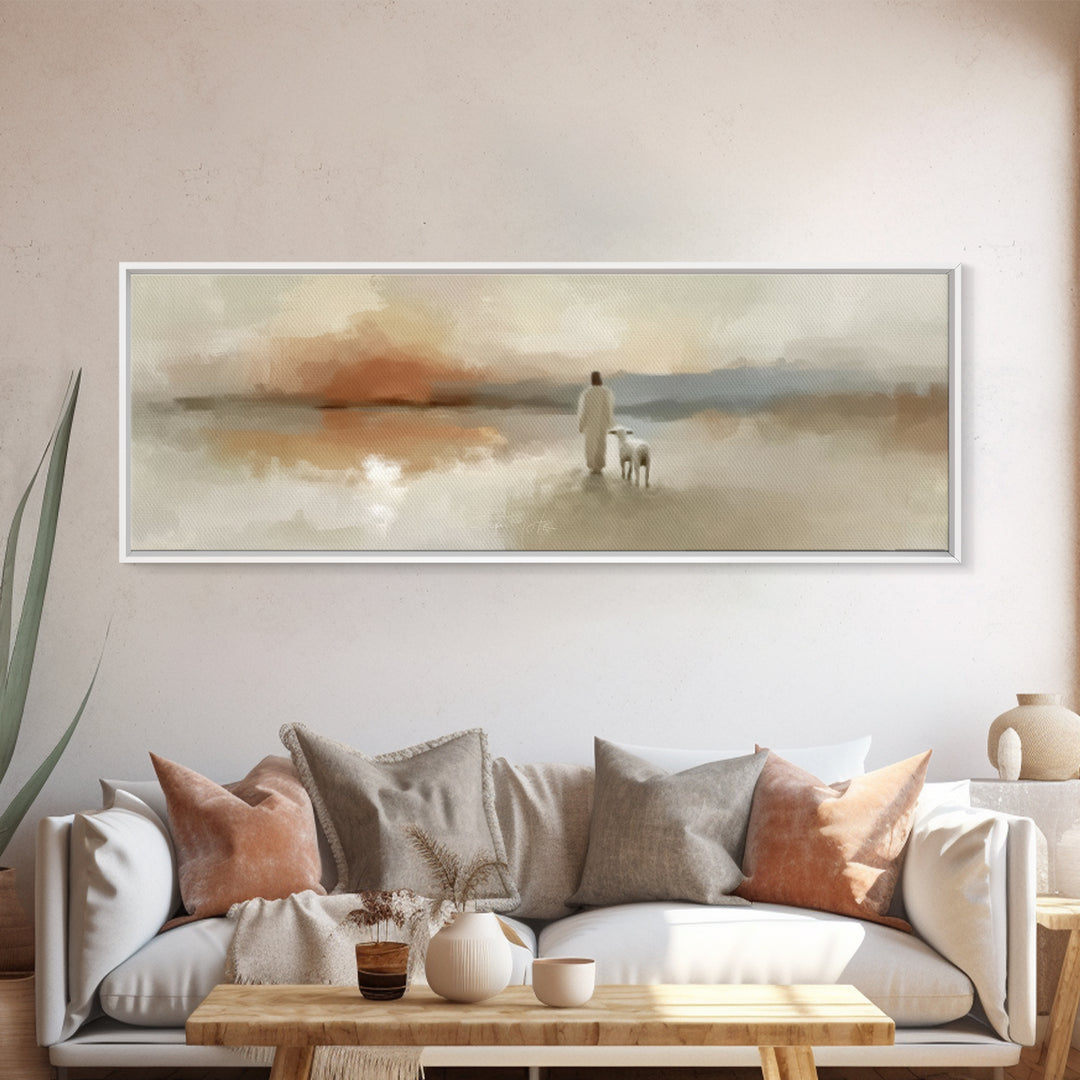 Evening Shepherd Light, Framed Canvas Print, Christian Art Canvas, Jesus Wall Art, Panoramic Painting, Christian Christmas Art, Modern Chri