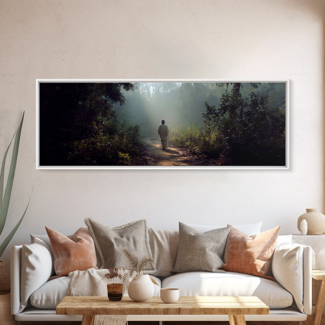 Light Through The Trees, Framed Canvas Print, Christian Wall Art, Jesus Painting, Panoramic Print, Christian Art Canvas, Large Christian Pa