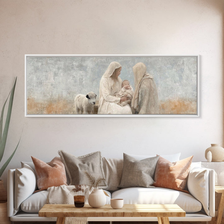 Winter Nativity | Framed Canvas Print | Christian Christmas Art | Christian Wall Art | Panoramic Painting | Christian Decor | Christian Gif
