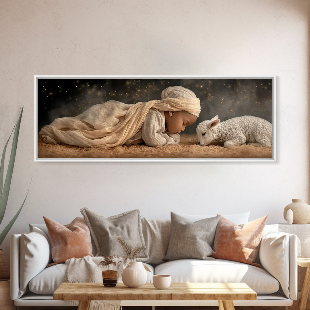 Peaceful Manger – Framed Canvas Print – Christian Christmas Art – Christian Wall Art – Panoramic Frame – Christian Art Canvas – Christmas D