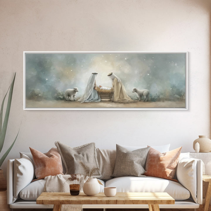 Humble Light – Framed Canvas Print – Christian Wall Art – Christmas Art – Panoramic Painting – Christian Decor – Christmas Canvas Wall Art
