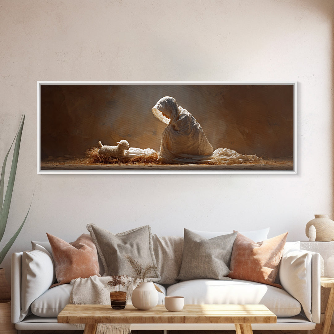 Manger Blessing | Framed Canvas Print | Christian Wall Art | Christmas Art | Panoramic Wall Art | Christian Art Canvas | Christian Christma