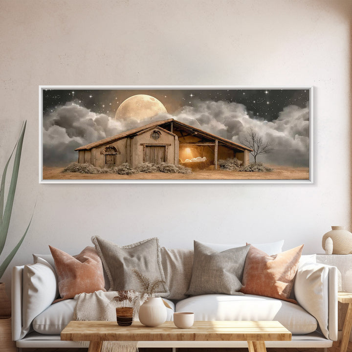 Starry Night Shelter, Framed Canvas Print, Panoramic Wall Art, Christian Christmas Art, Christmas Art Prints, Christian Wall Art, Christian
