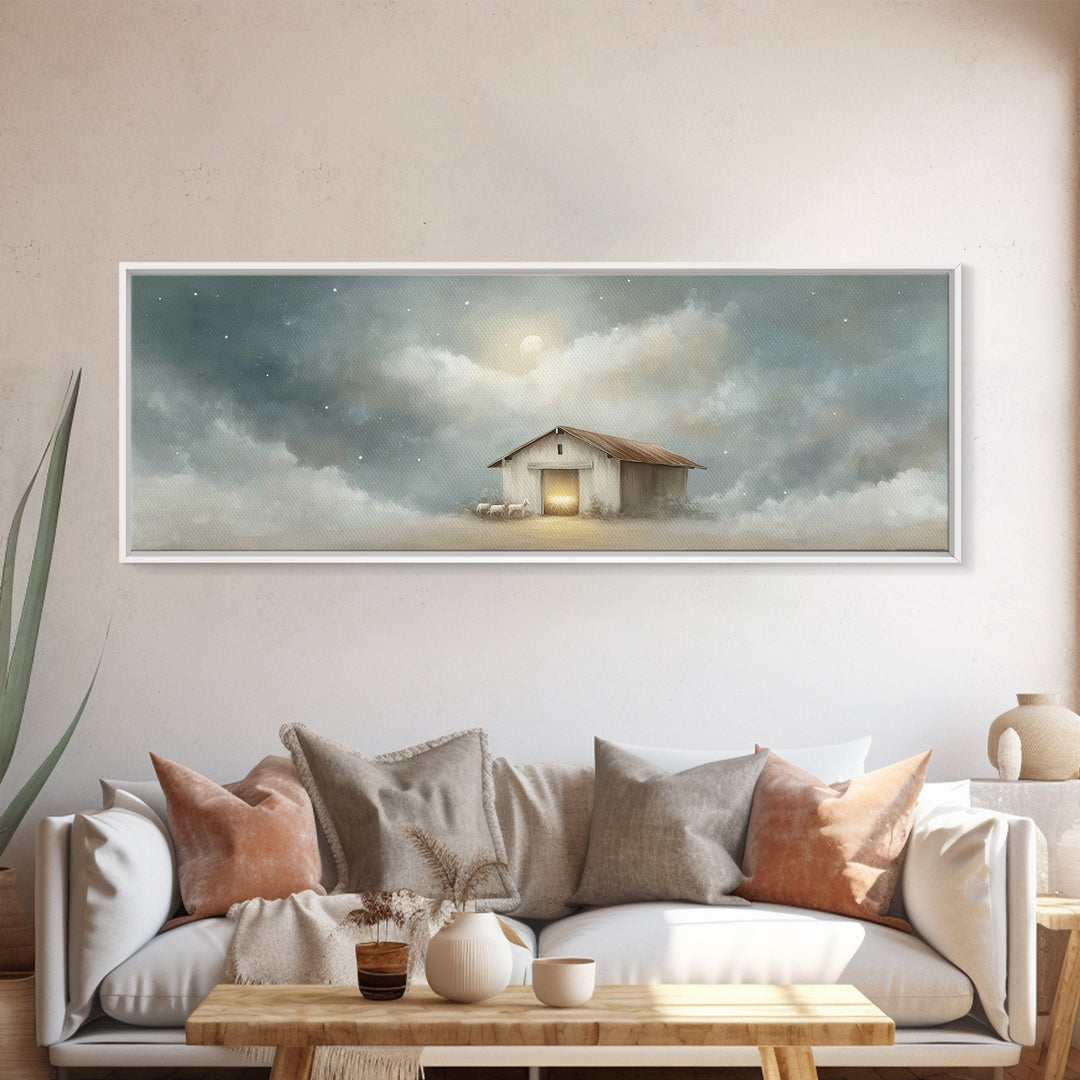 Midnight Stable Peace | Framed Canvas Print | Panoramic Painting | Christian Art Canvas | Christmas Wall Art | Christian Christmas Decor |
