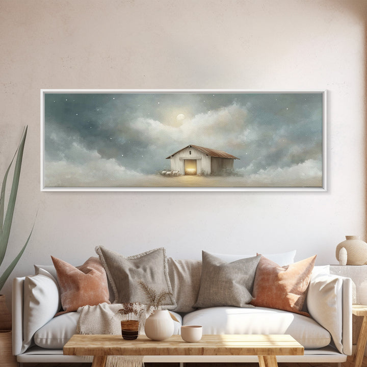 Midnight Stable Peace | Framed Canvas Print | Panoramic Painting | Christian Art Canvas | Christmas Wall Art | Christian Christmas Decor |